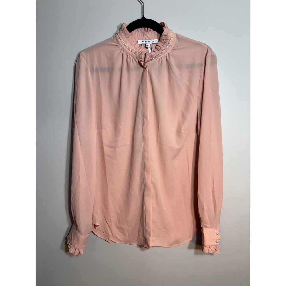 Rose + Olive Blush Pink Pearl Trim Ruffle Neck Long Sleeve Blouse Large NWT